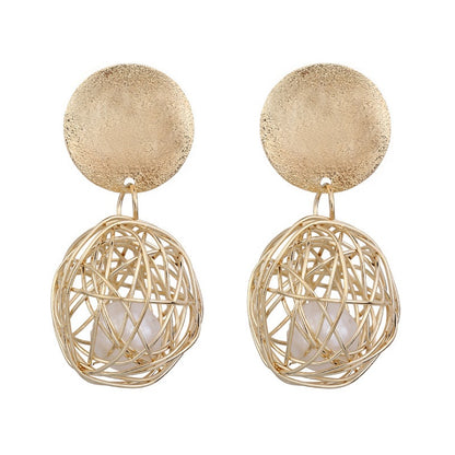 Vintage Geometric Earrings Simple Woven Ball Pearl Stud Earrings-Jewearrings