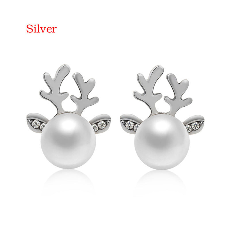 Stud Earrings Christmas Pearl Antlers Earrings-Jewearrings