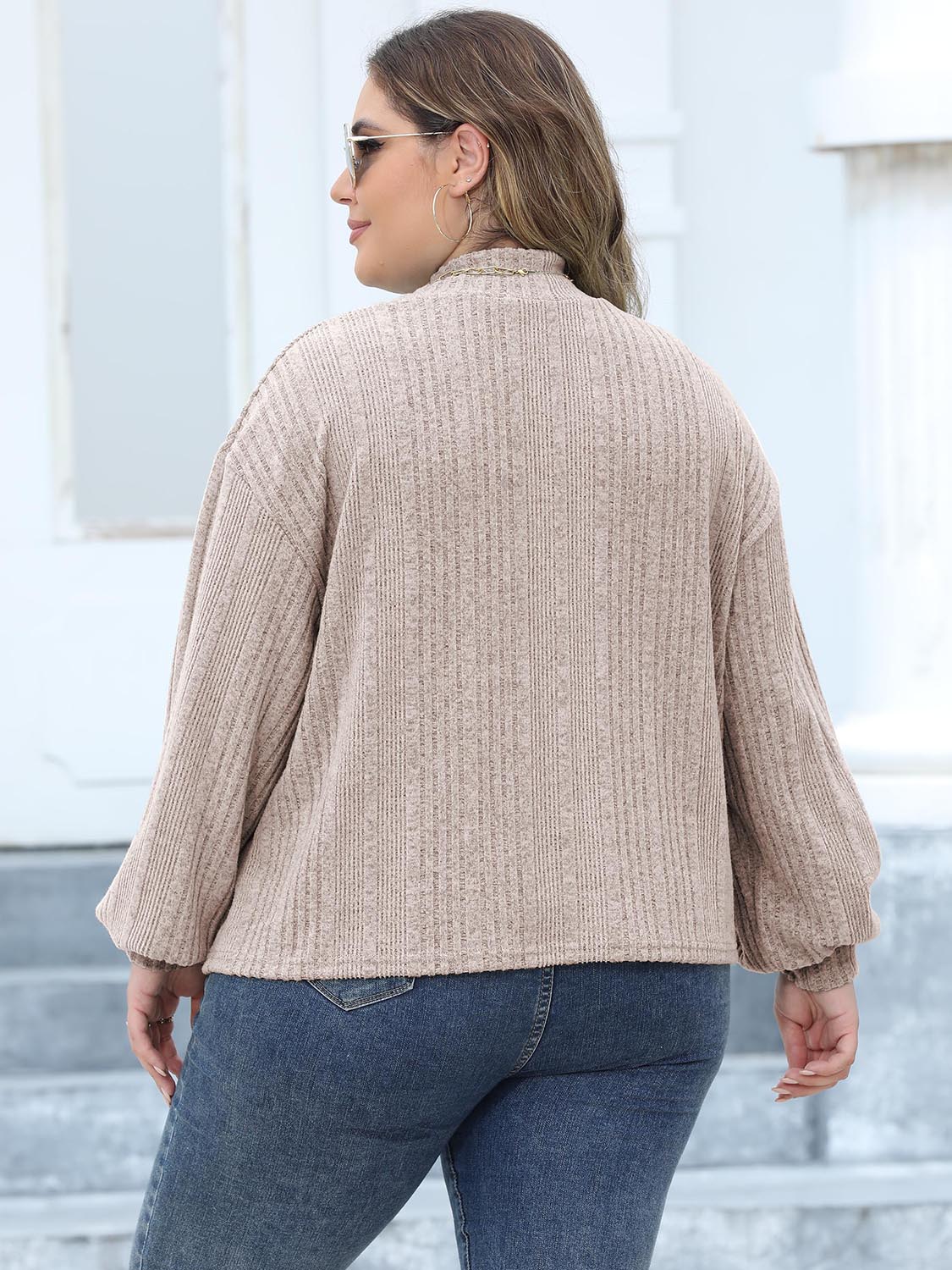 Plus Size Mock Neck Long Sleeve Knit Top-Jewearrings