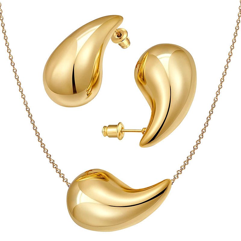 2023 New 18K Thick Gold Hoop Earrings And Teardrop Hollow Necklace Set Women's Earrings Fashion Jewellery Set-Jewearrings