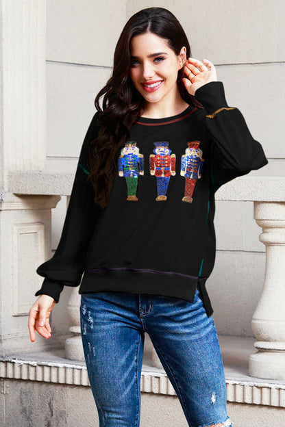 Sequin Nutcracker Round Neck Slit Sweatshirt-Jewearrings