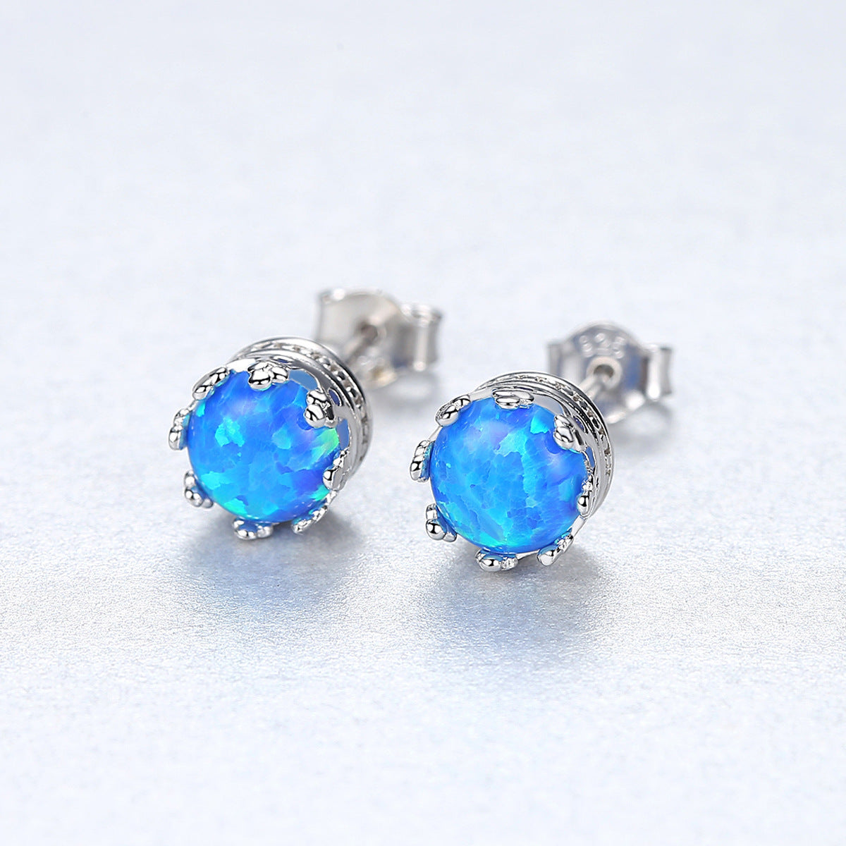 Round Opal Sterling Silver Stud Earrings-Jewearrings