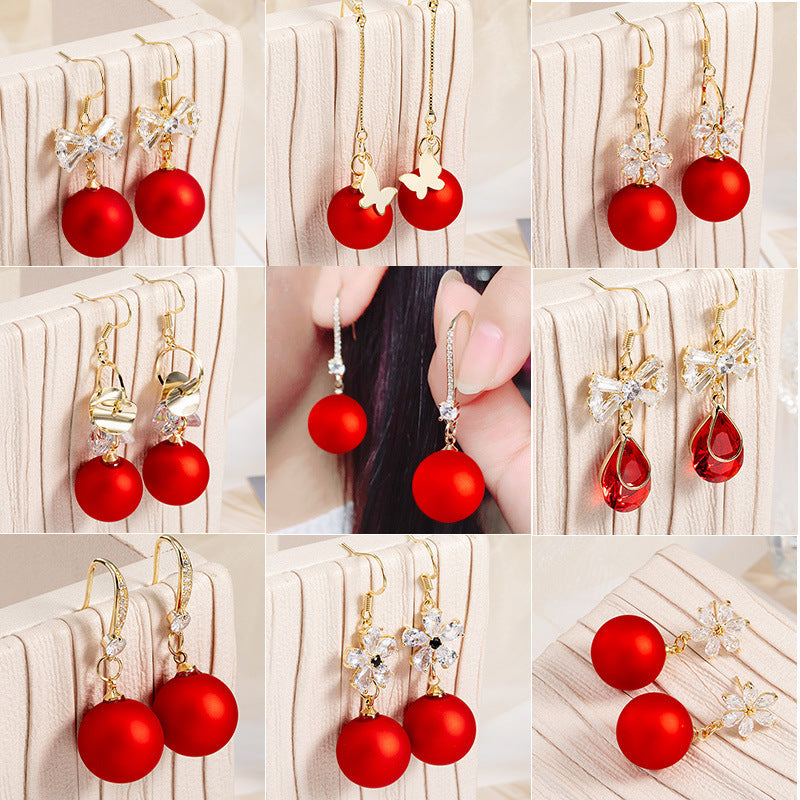 Short Festive Red Pearl Frosted Bead Earrings-Jewearrings