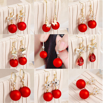 Short Festive Red Pearl Frosted Bead Earrings-Jewearrings