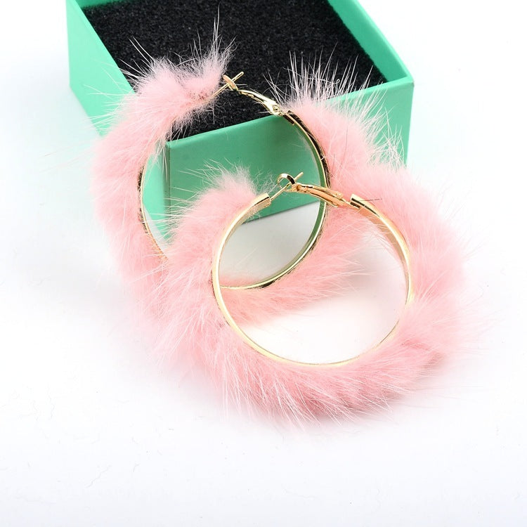 Mink Fur Large Circle Round Ear Hoop Earrings-Jewearrings