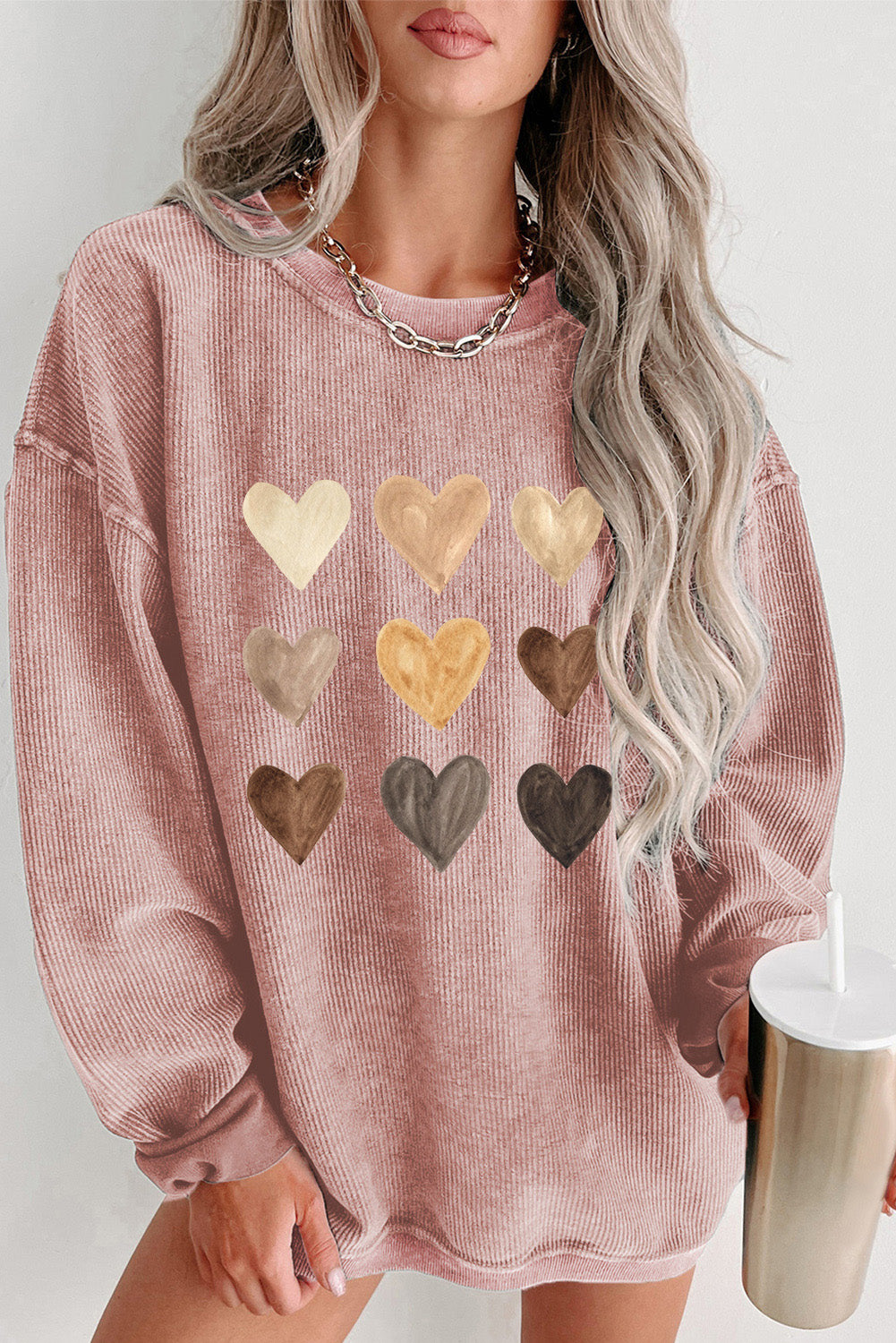 Heart Round Neck Dropped Shoulder Sweatshirt-Jewearrings