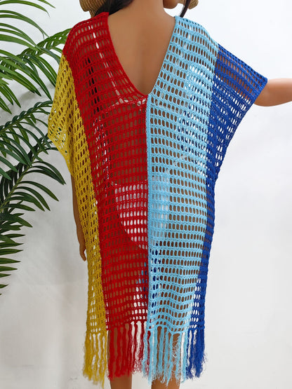 Fringe Color Block Scoop Neck Cover Up-Jewearrings