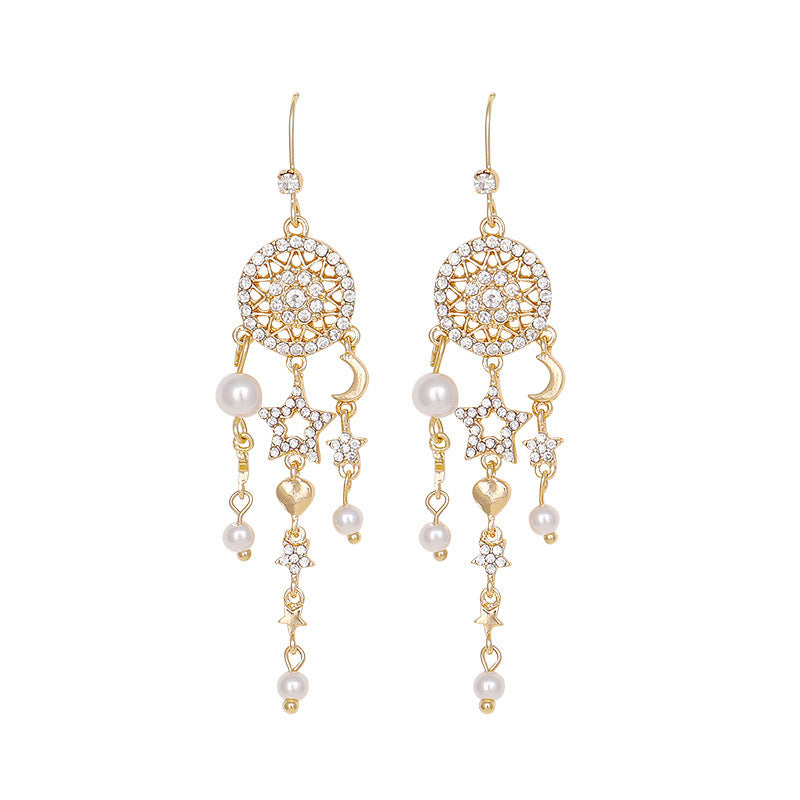 Pearl tassel star and moon earrings-Jewearrings