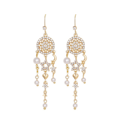 Pearl tassel star and moon earrings-Jewearrings