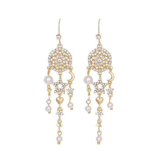 Pearl tassel star and moon earrings-Jewearrings