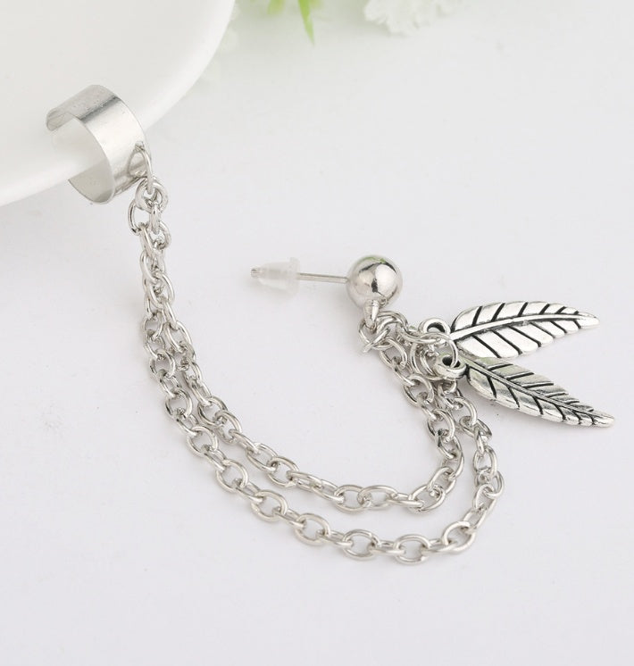 European and American fashion new cool creative street shooting personality silver leaf fringed female ear clip earrings-Jewearrings