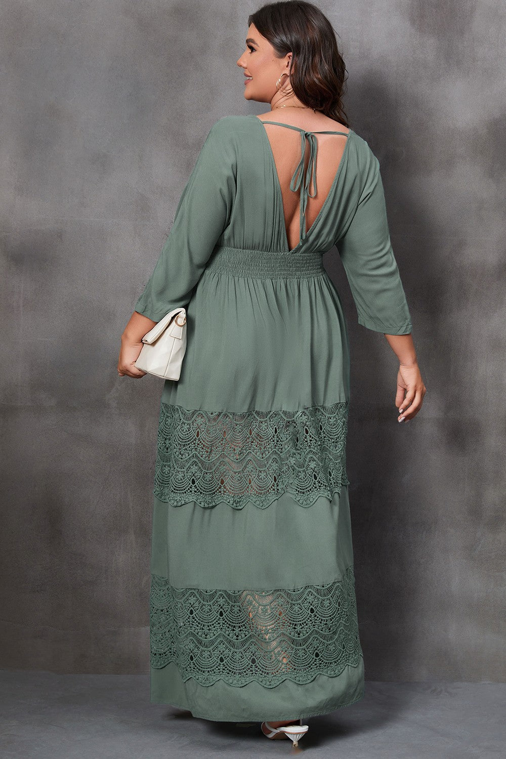 Plus Size Tied V-Neck Smocked Crochet Maxi Dress-Jewearrings