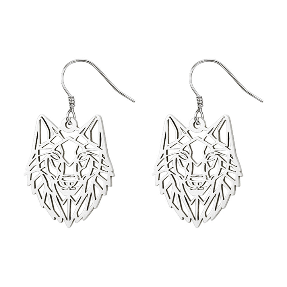 Hollow Wolf Head Silver Stainless Steel Dangle Earrings For Women-Jewearrings