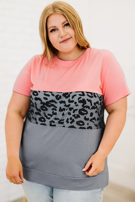 Plus Size Leopard Color Block T-Shirt-Jewearrings