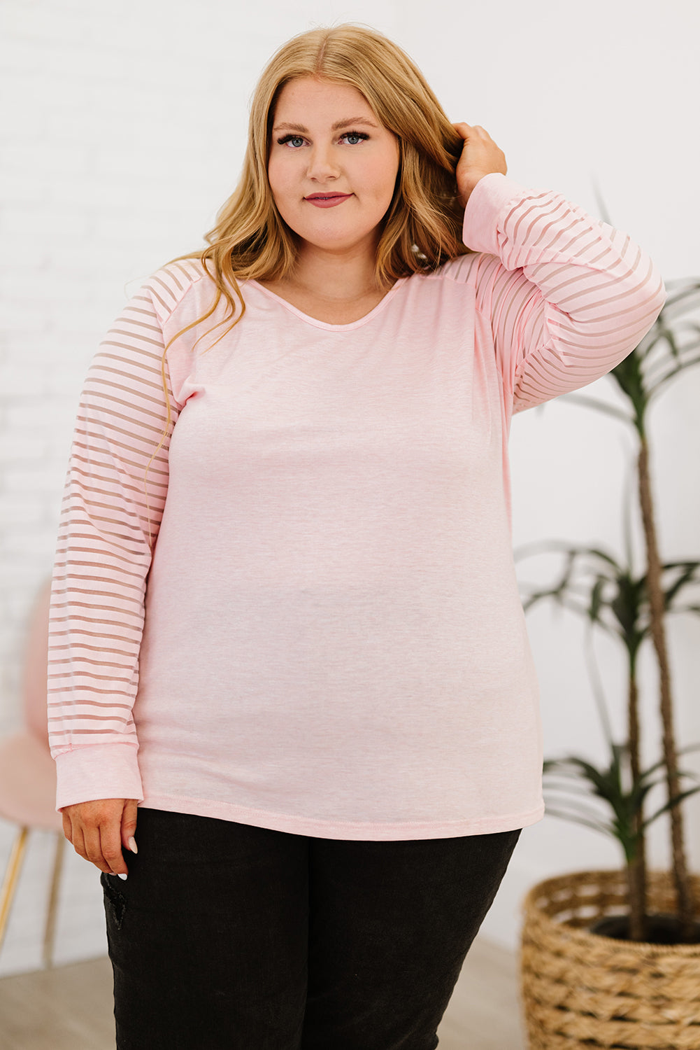 Plus Size Sheer Striped Sleeve V-Neck Top-Jewearrings