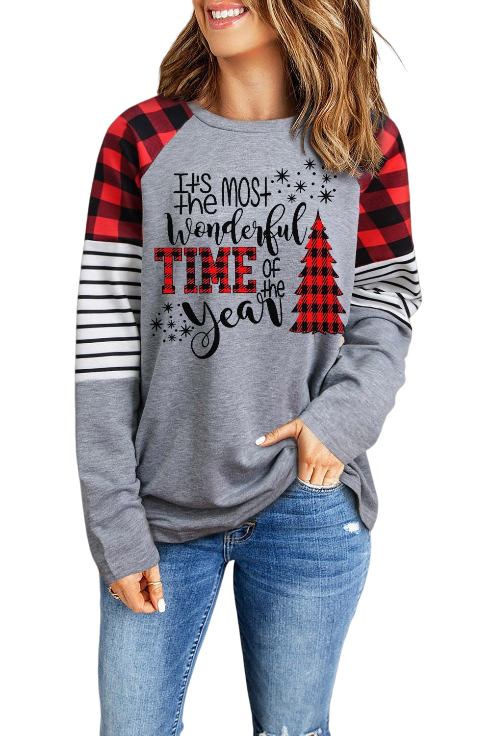 Christmas Mixed Print Letter Graphic Raglan Sleeve Top-Jewearrings