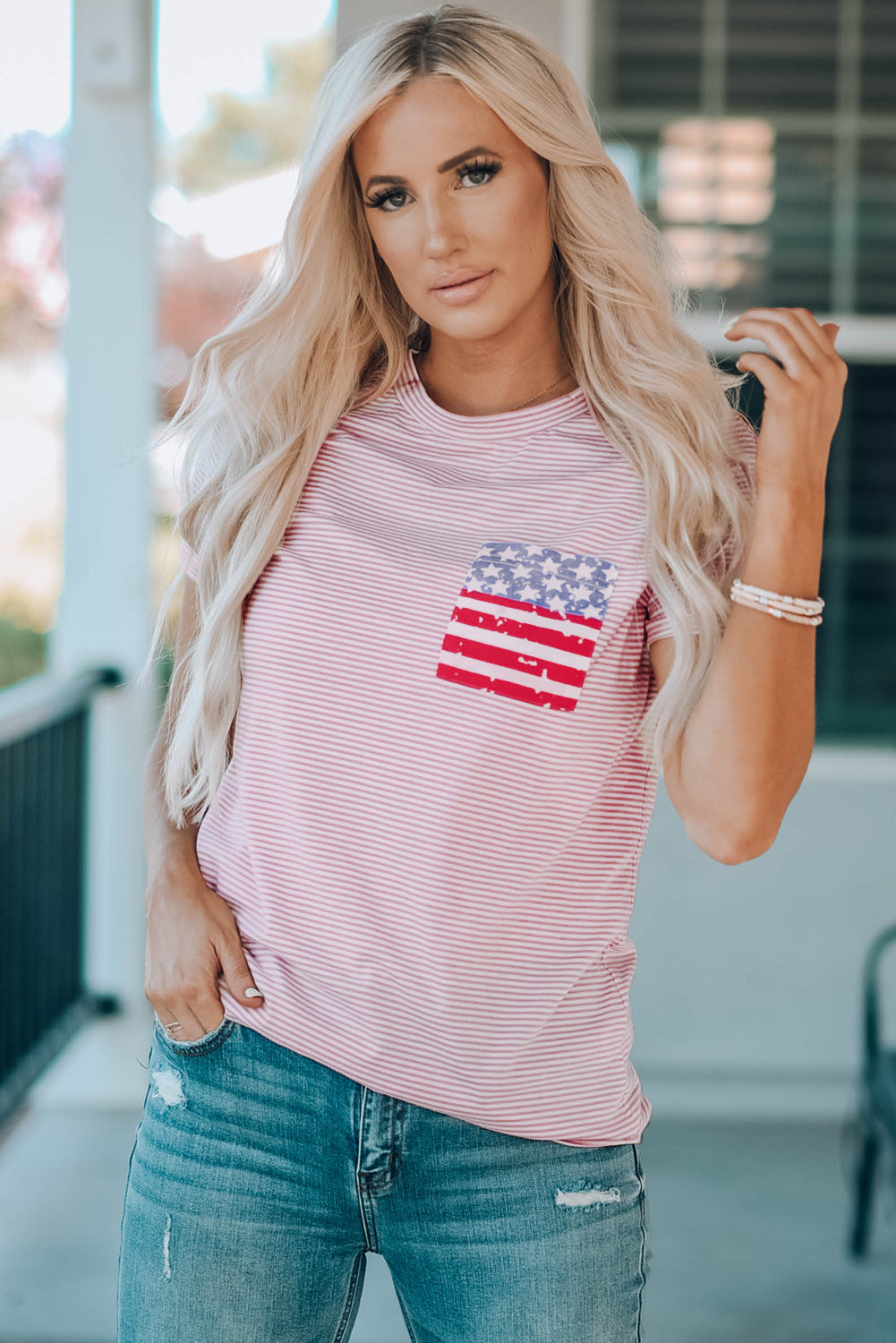 Striped US Flag Crewneck Tee-Jewearrings