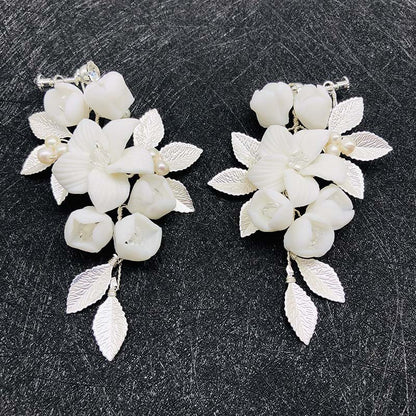 Women's Silver Ceramic Flower Wedding Ornament Earrings-Jewearrings