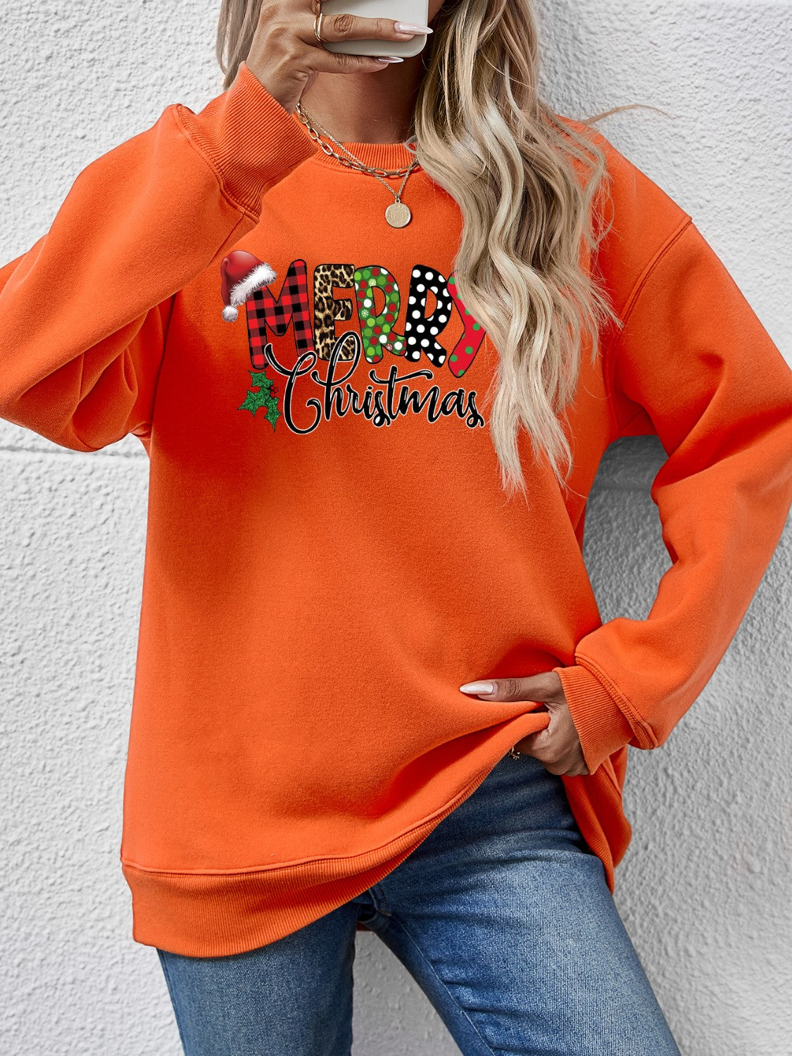 MERRY CHRISTMAS Round Neck Dropped Shoulder Sweatshirt-Jewearrings