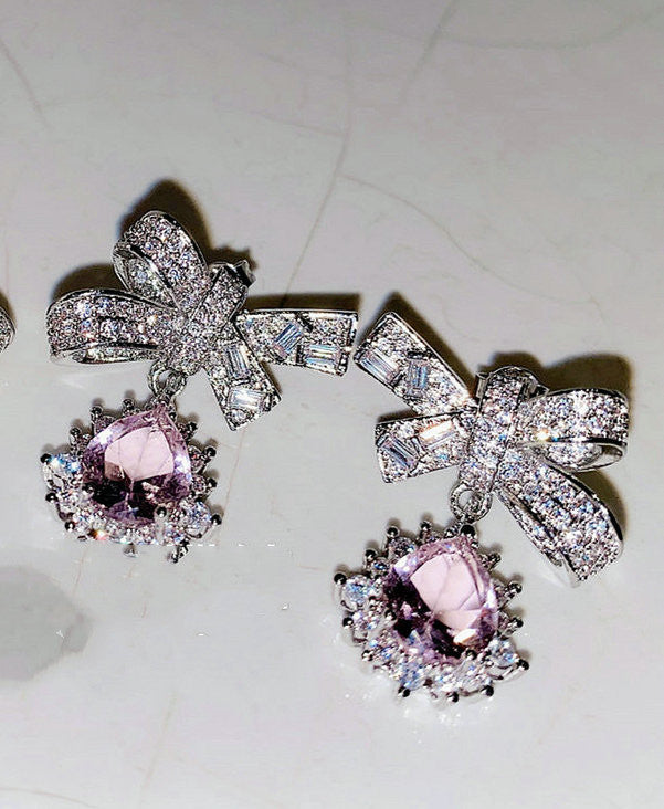 Gentle peach blossom drop zircon bow earrings-Jewearrings