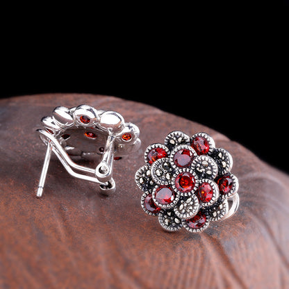 Ladies 925 Silver Jewelry Flower Red Zircon Earrings-Jewearrings