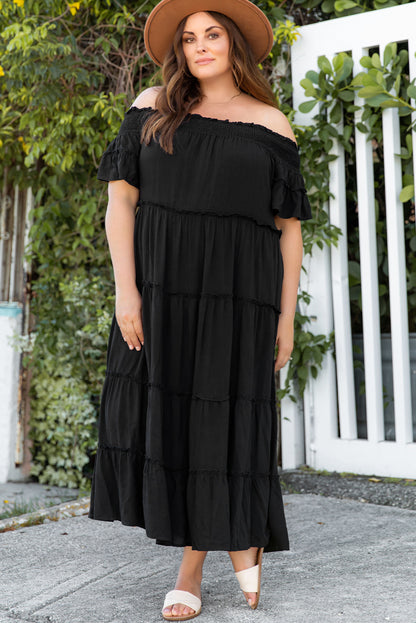 Plus Size Off-Shoulder Ruffle Trim Maxi Dress-Jewearrings