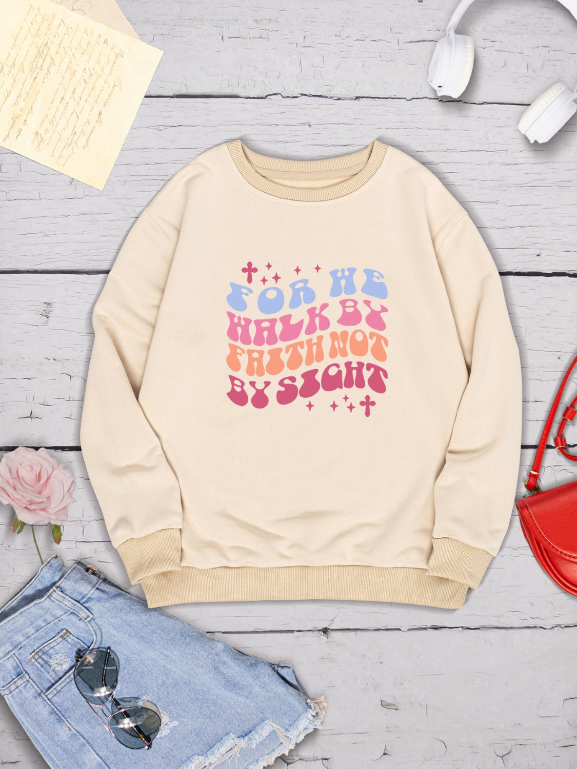 FOR WE WALK BY FAITH NOT BY SIGHT Round Neck Sweatshirt-Jewearrings