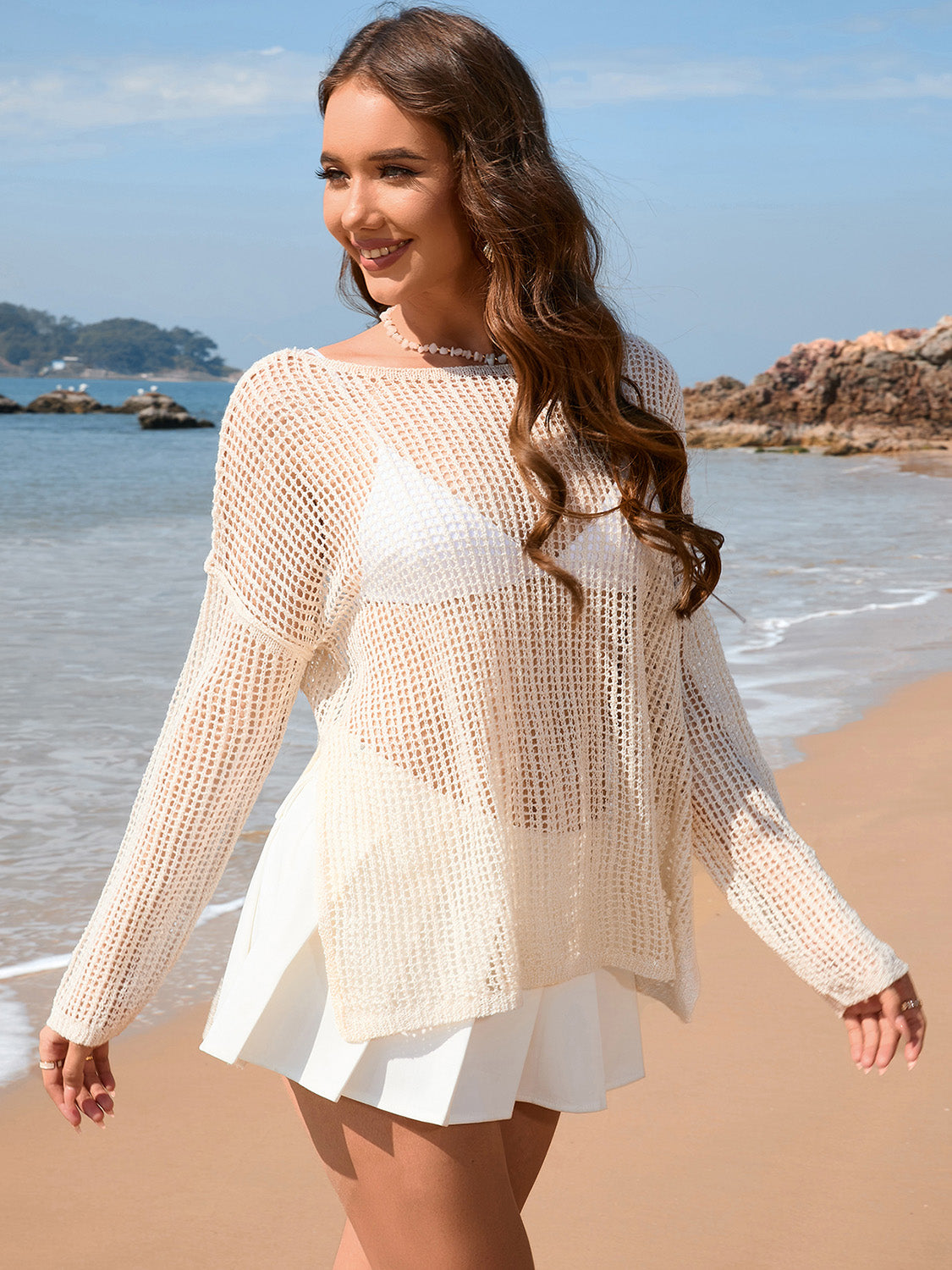 Openwork Slit Boat Neck Long Sleeve Cover-Up-Jewearrings