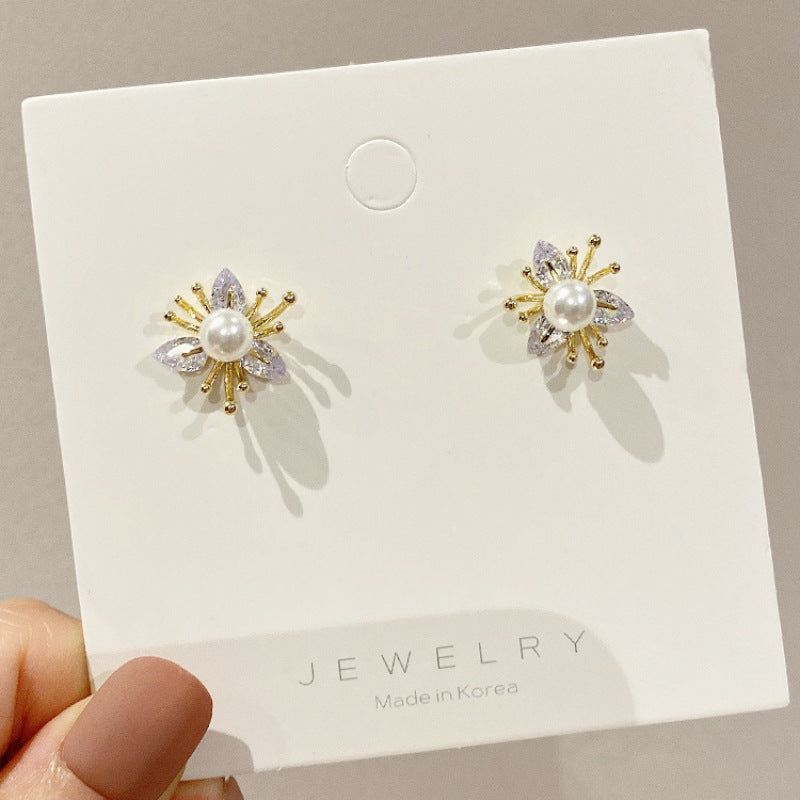 Ladies S925 Silver Needle Pearl Petal Stud Earrings-Jewearrings