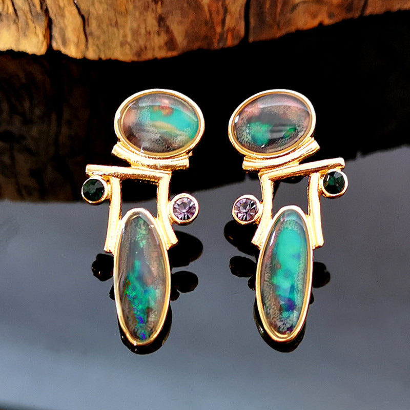 Vintage Gold Color Moonstone Opal Earrings Ladies Luxury Purple Green Crystal Personality-Jewearrings