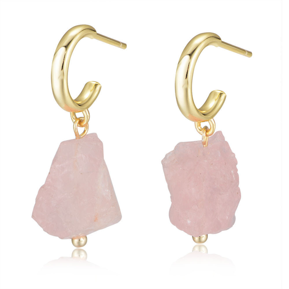 Sterling Silver Irregular Natural Stone Powder Crystal Earrings-Jewearrings