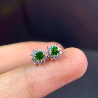 Emerald Diopside Round Sterling Silver Stud Earrings-Jewearrings