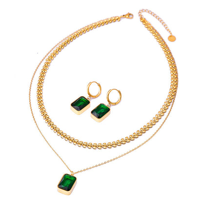 Women's Emerald Double-layer Wheat Lvzuan Necklace Earrings-Jewearrings