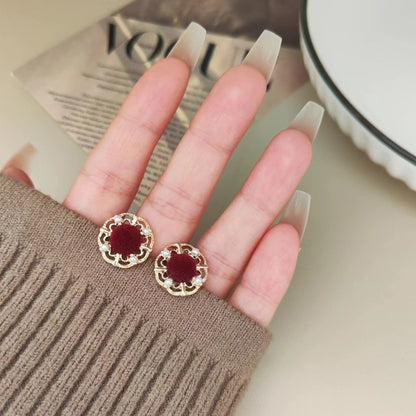 Sterling Silver Needle French Style Retro Exquisite Velvet Wine Red Stud Earrings Female Niche High Sense-Jewearrings