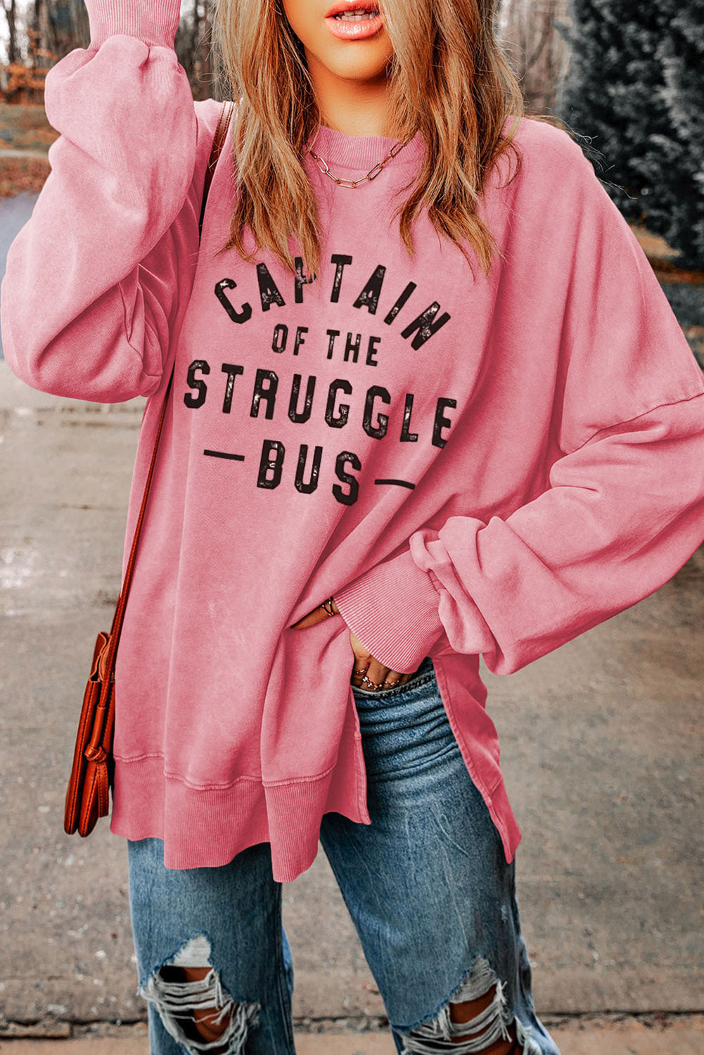 Slogan Graphic Dropped Shoulder Slit Sweatshirt-Jewearrings