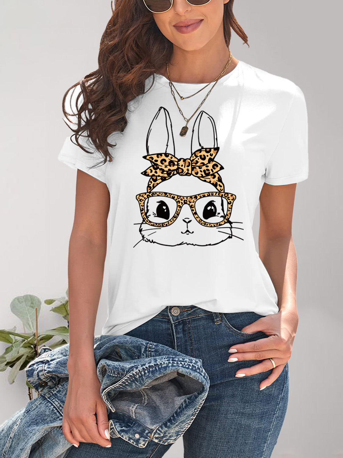 Rabbit Graphic Round Neck Short Sleeve T-Shirt-Jewearrings