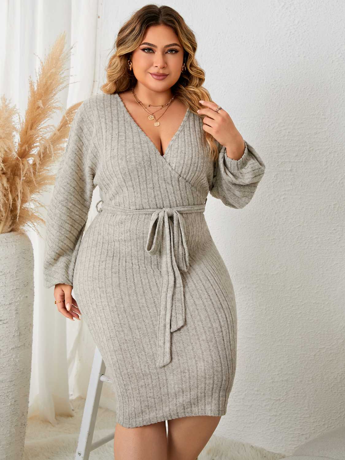 Plus Size Tie Waist Wrap Dress-Jewearrings