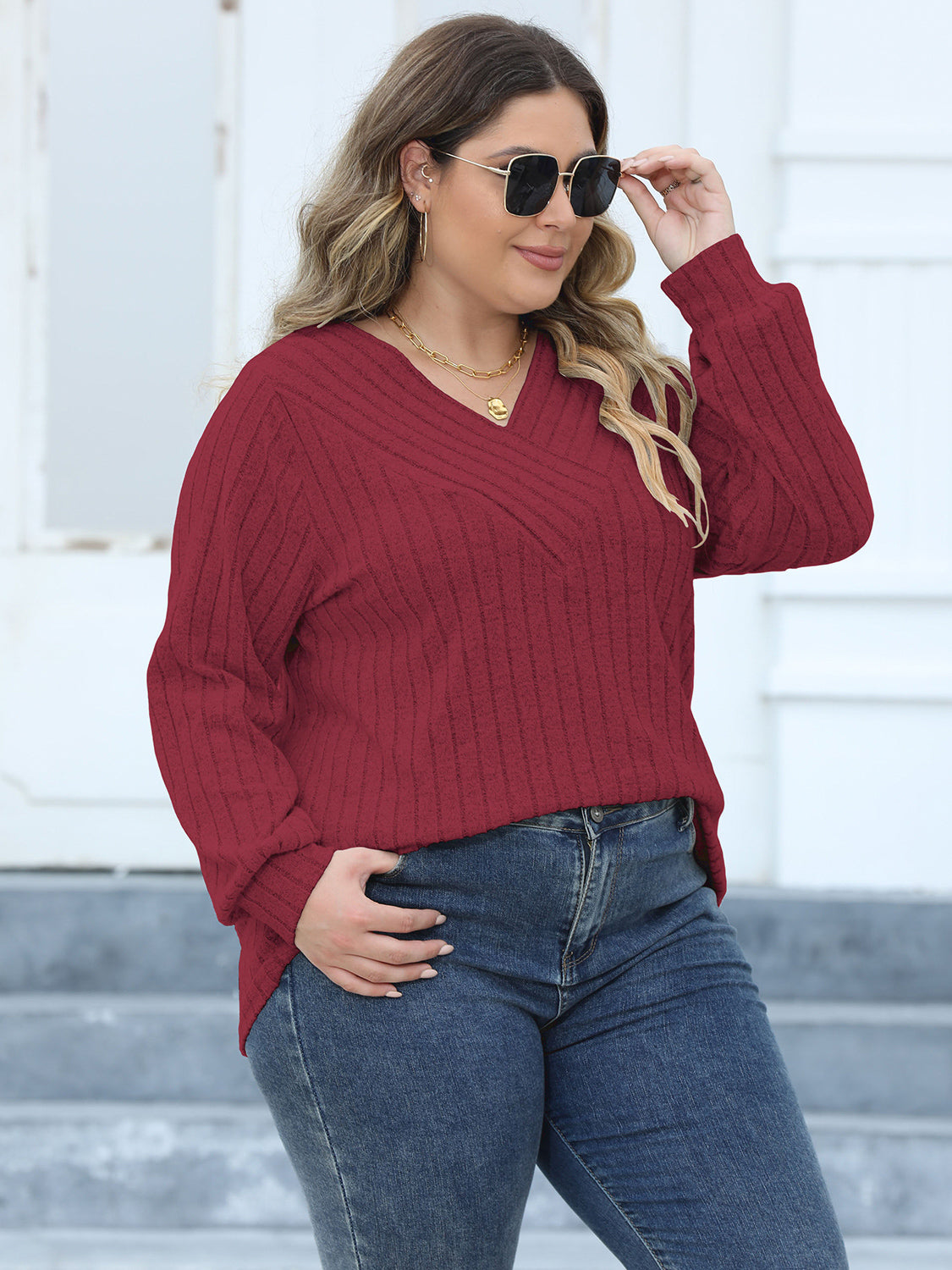 Plus Size Ribbed V-Neck Long Sleeve Top-Jewearrings