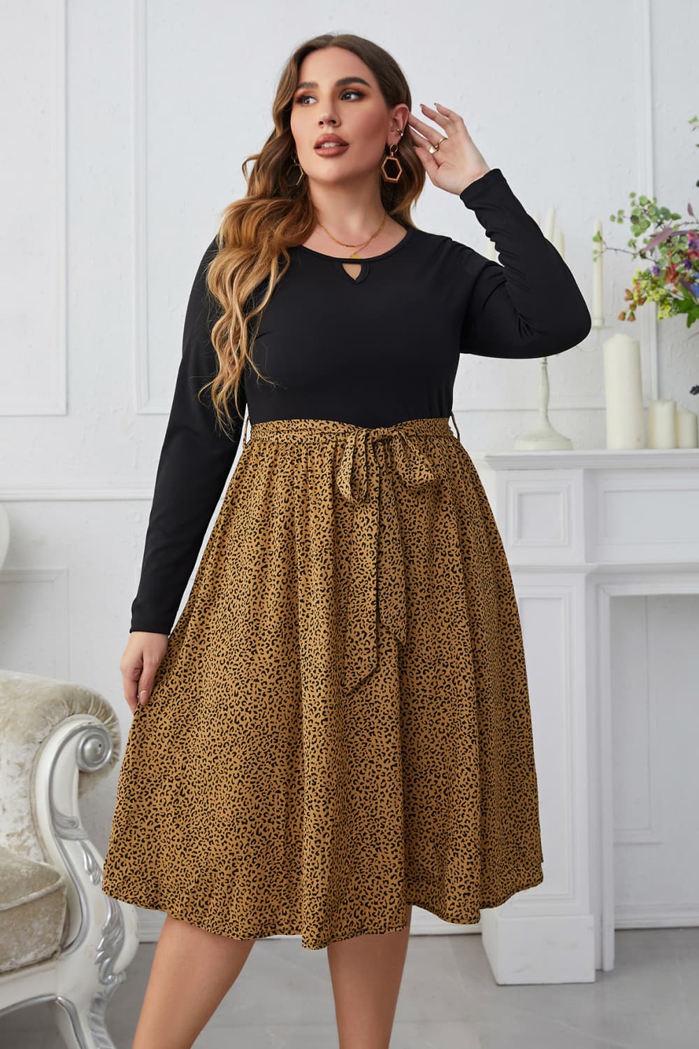 Melo Apparel Plus Size Leopard Long Sleeve Round Neck Dress-Jewearrings