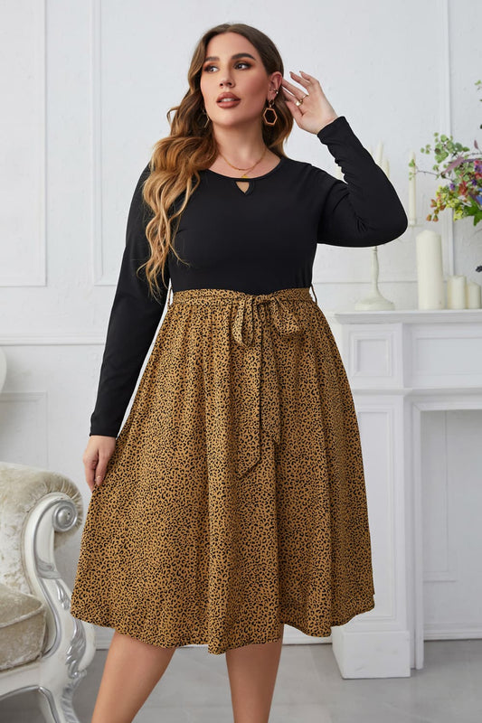 Melo Apparel Plus Size Leopard Long Sleeve Round Neck Dress-Jewearrings