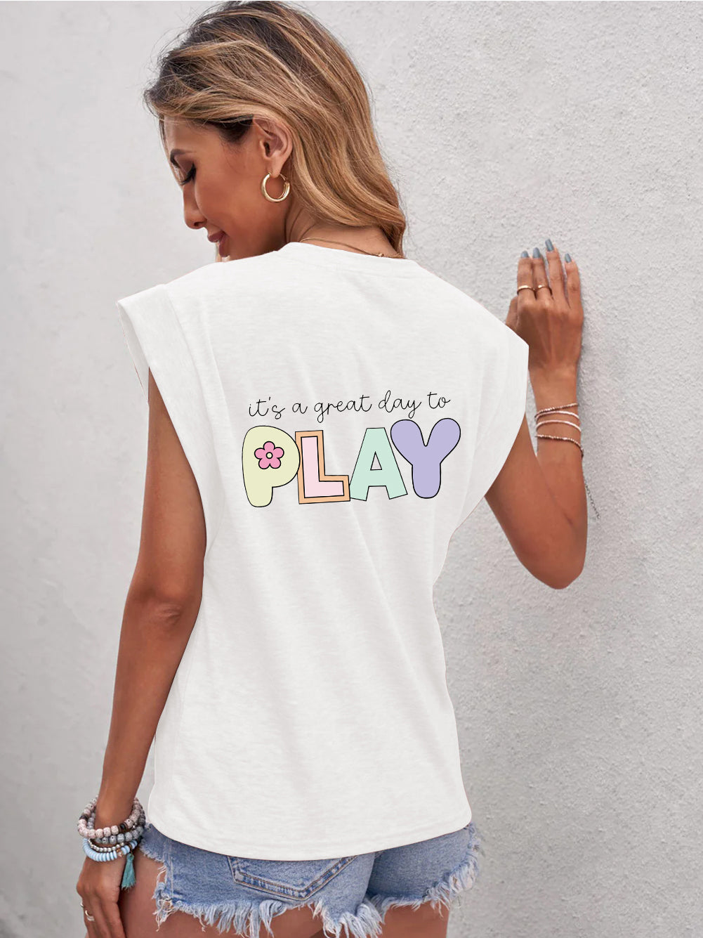 Full Size Letter Graphic Round Neck Cap Sleeve T-Shirt-Jewearrings