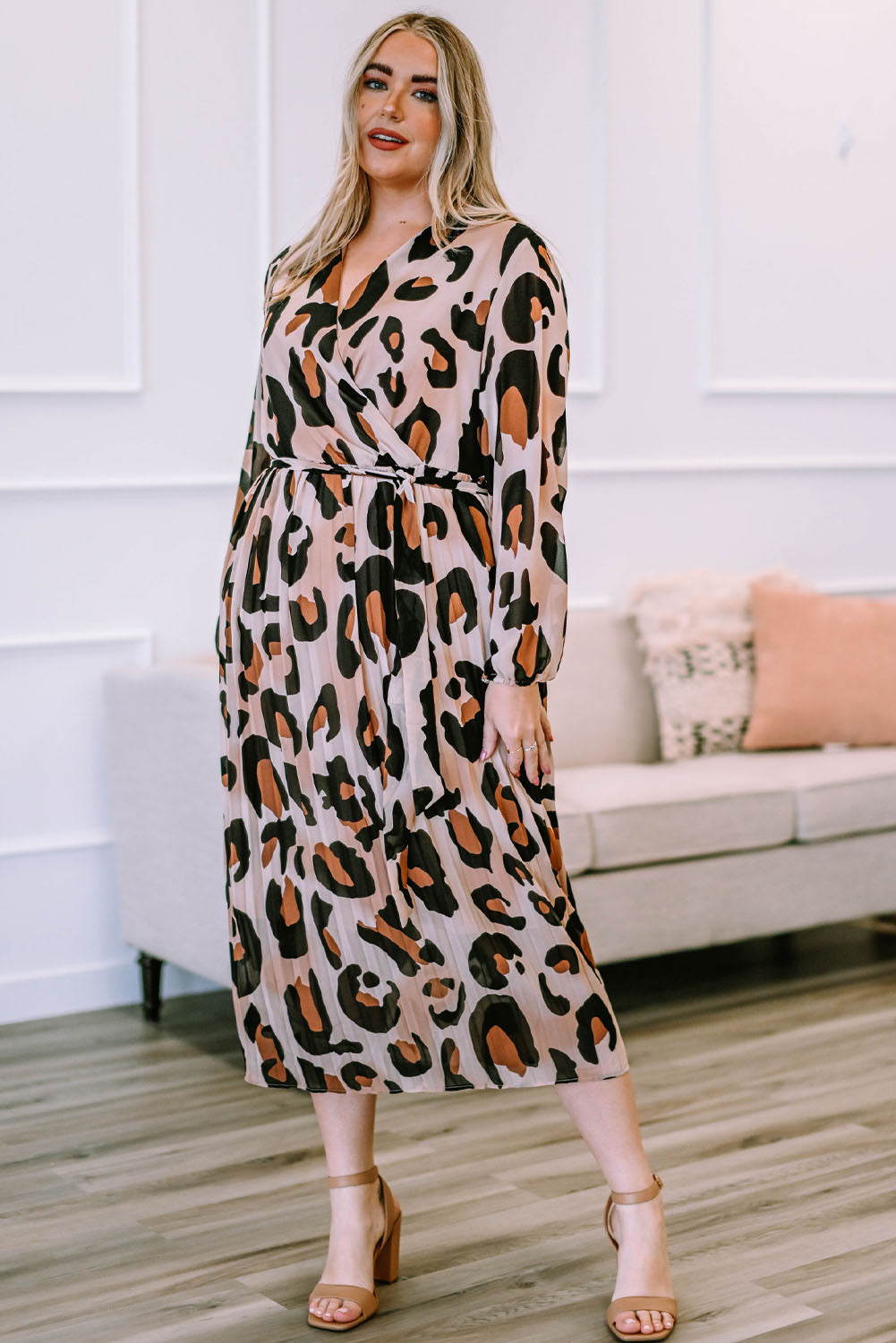 Plus Size Leopard Print Surplice Neck Long Sleeve Midi Dress-Jewearrings