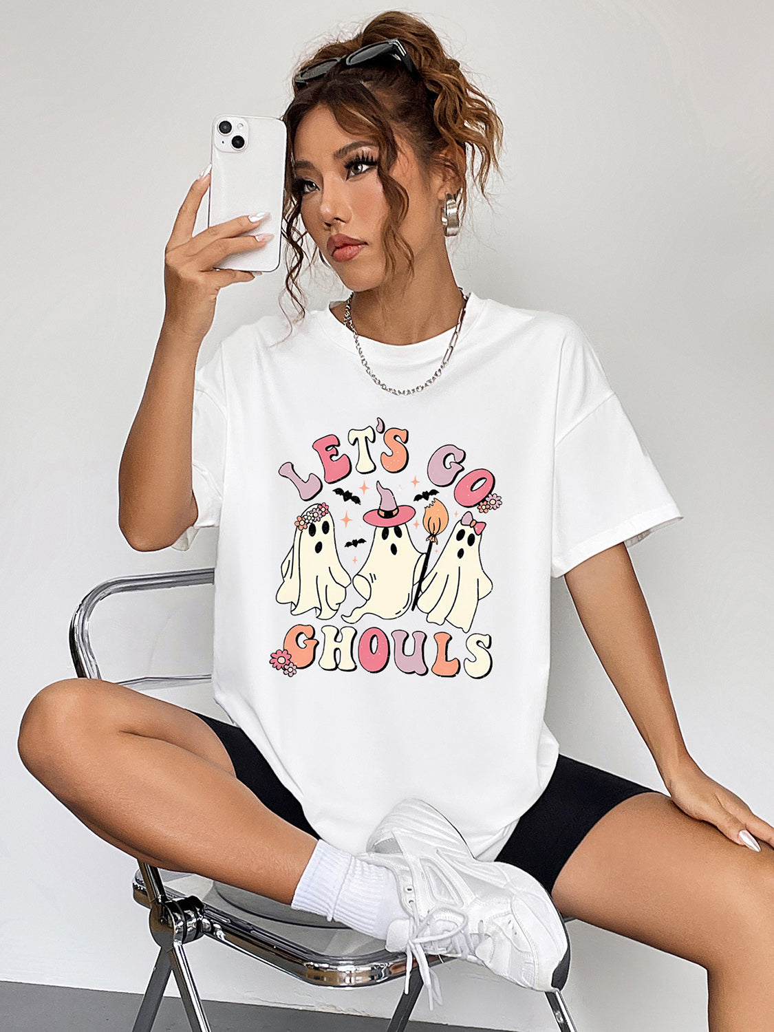 Round Neck Short Sleeve LET'S GO GHOULS Graphic T-Shirt-Jewearrings