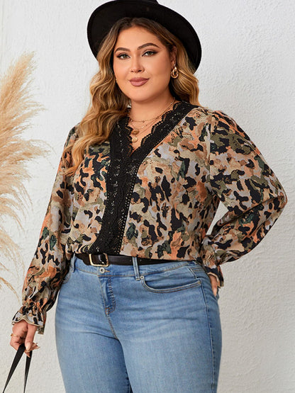 Plus Size Lace Trim Flounce Sleeve Blouse-Jewearrings