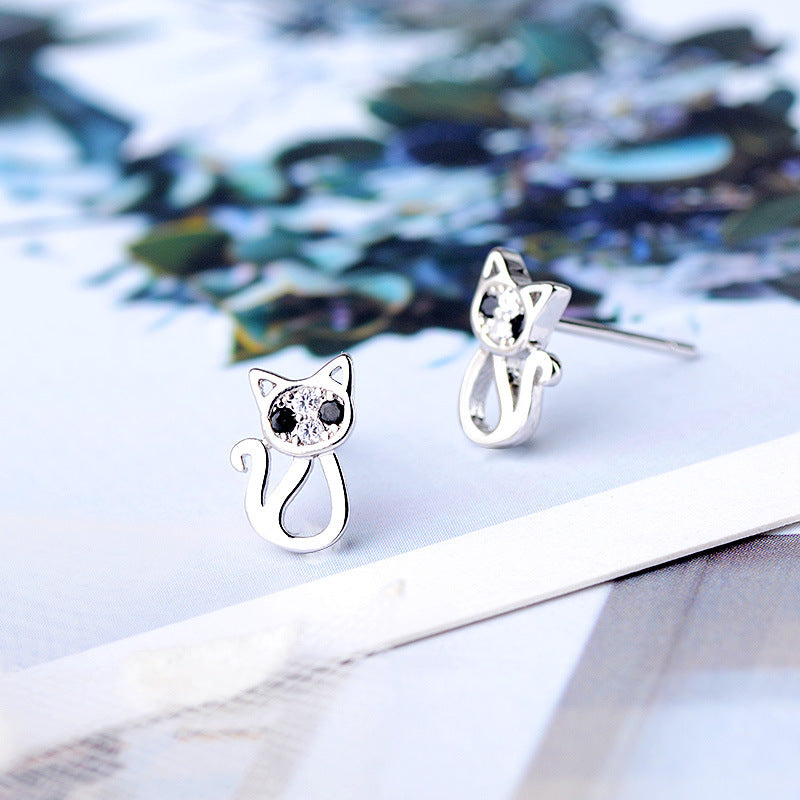 Sterling Silver Black Eye Cat Stud Earrings-Jewearrings