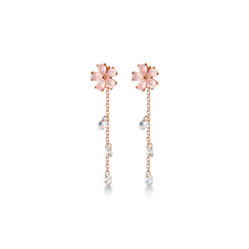 Ailuoqi S925 Silver Japanese Pink Lady Five Petal Flower Earrings Sweet Round Diamond Tassel Earrings-Jewearrings