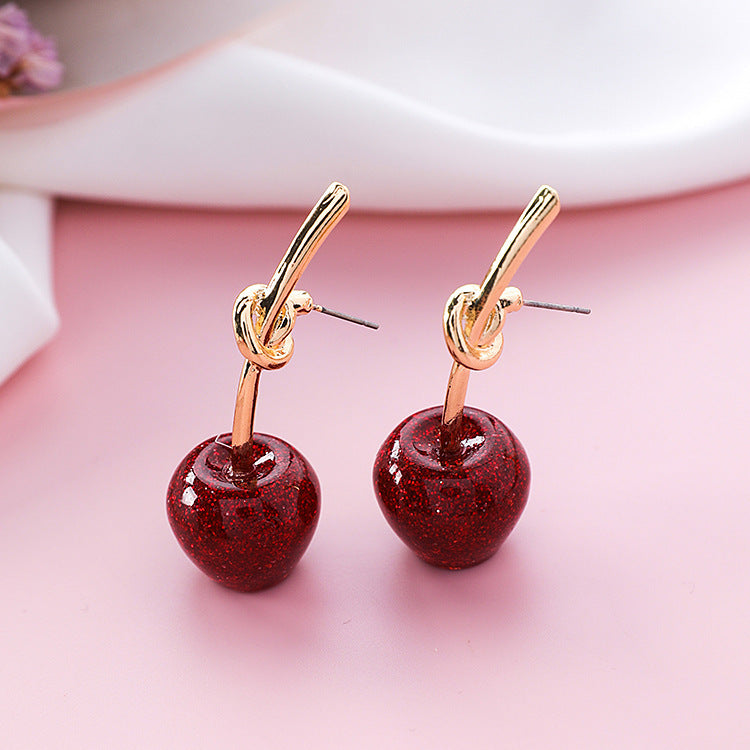 Fashion Women Sequins Flashing Red Cherry Earrings Sweet Wild Golden Cherry Earrings Knotted Stud Earrings For Women-Jewearrings