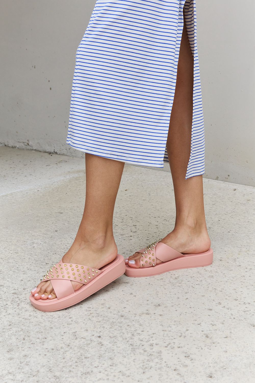 Forever Link Studded Cross Strap Sandals in Blush-Jewearrings