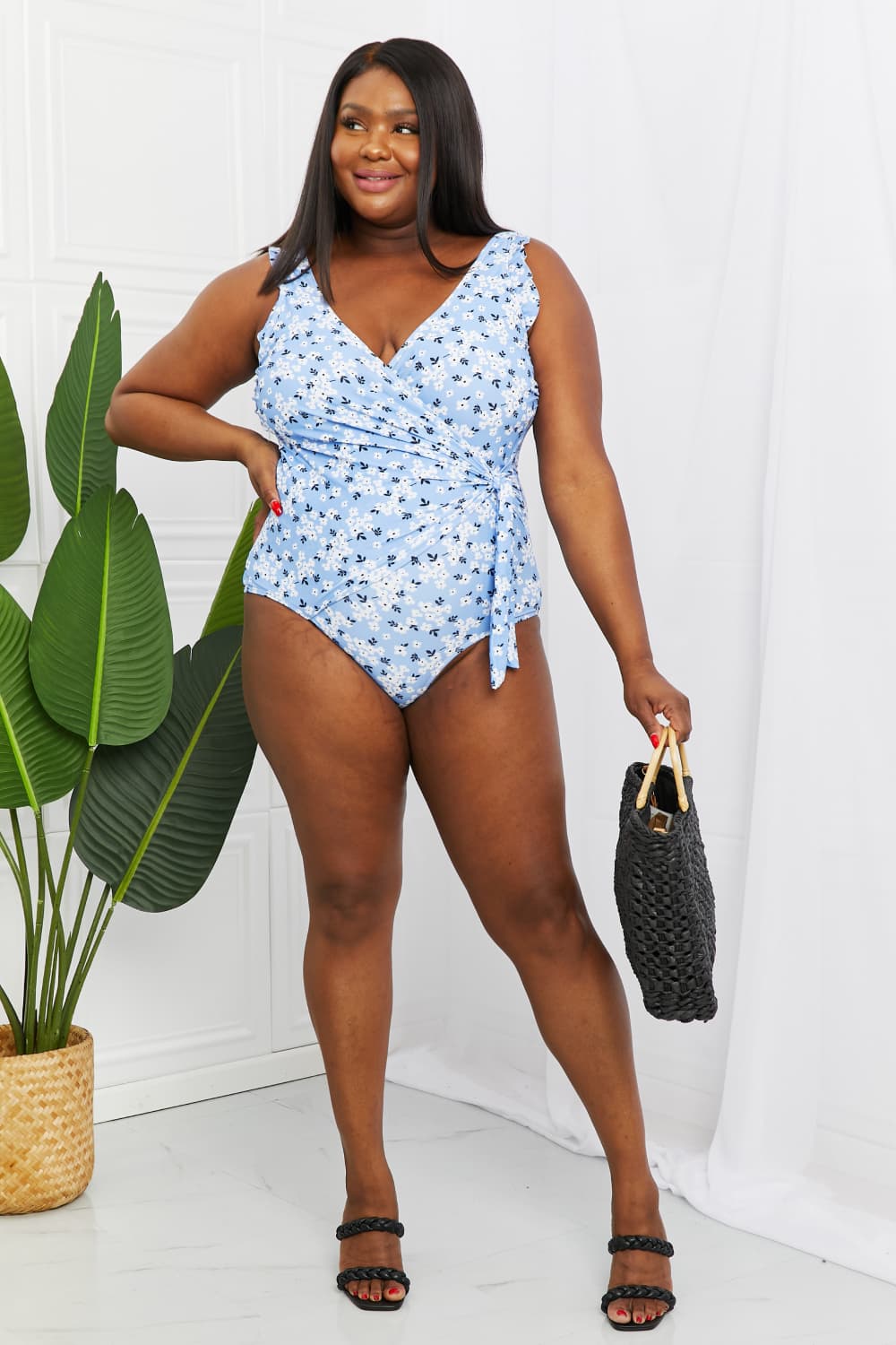 Marina West Swim Full Size Float On Ruffle Faux Wrap One-Piece in Blossom Blue-Jewearrings