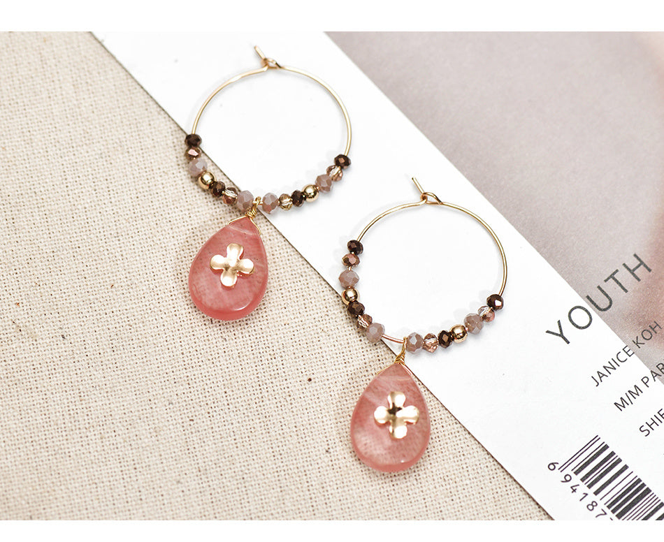 Women Fashion Natural Stone Hoop Earrings With Pink Waterdrop Stone-Jewearrings